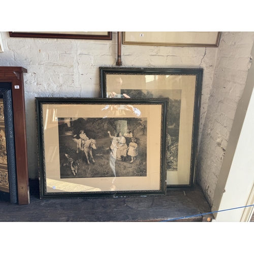 1 - 2 large framed prints of family scenes - boating and pony riding