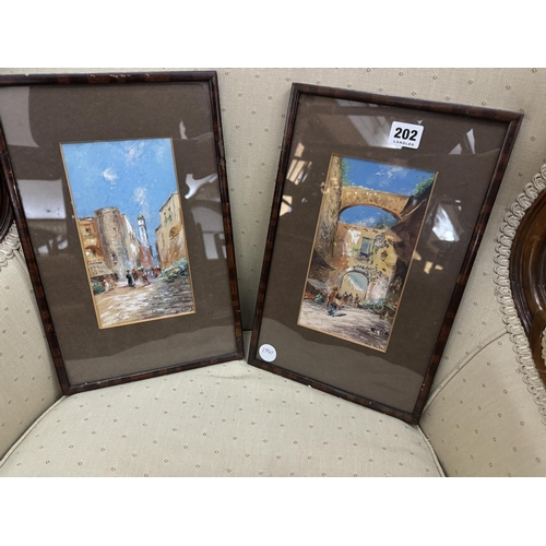 202 - 2 framed vibrant watercolours of Eastern street scenes