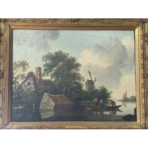 60 - Decoratively framed oil painting of fisherfolk on the river with a windmill in the distance by Edwar... 