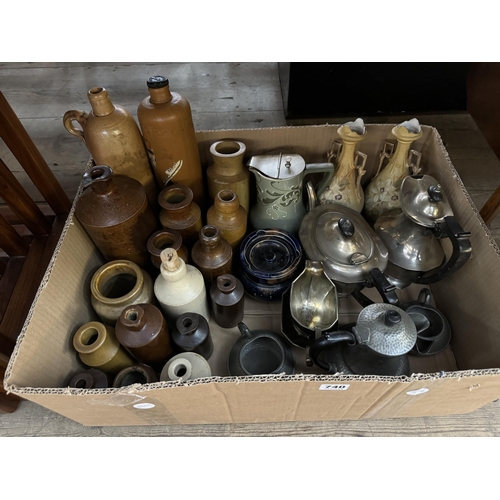 740 - A box of assorted earthenware jars, plated ware, pewter ware, vases etc