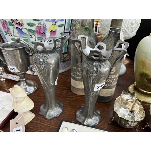 746 - 2 art nouveau pewter vases