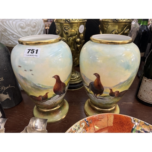 751 - A pair of Coalport vases handpainted by Richard Budd with grouse