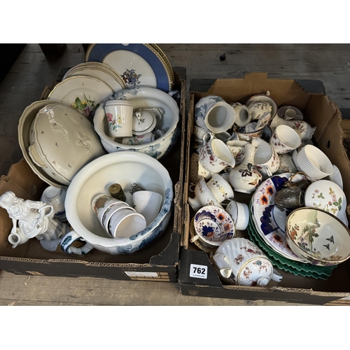 762 - 2 boxes of assorted mainly tableware - plates, tea cups, vases etc