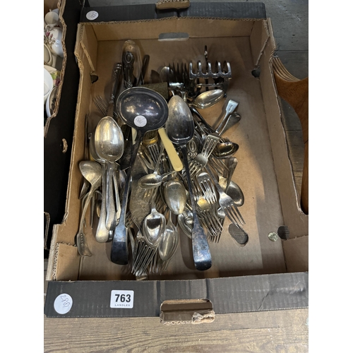 763 - A box of assorted cutlery etc