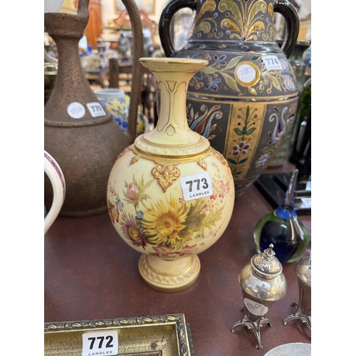 773 - A Royal Worcester blush ivory globular vase, painted with flowers all round, circa 1890