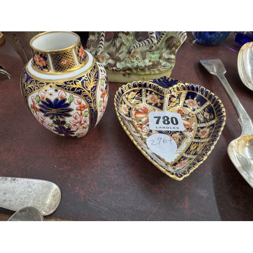 780 - A Royal Crown Derby heart shaped dish and Royal Crown Derby pot