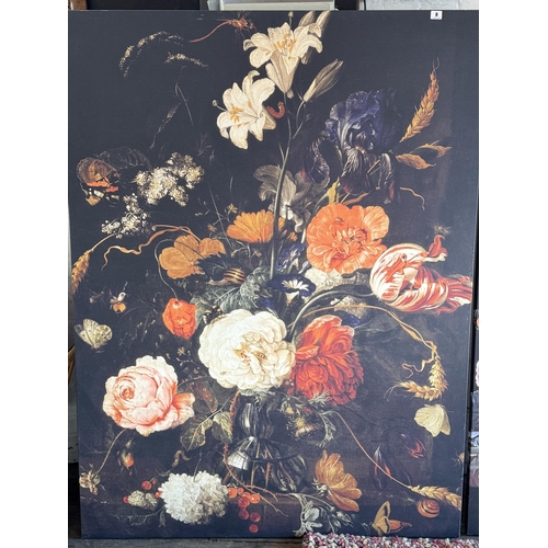 8 - A large canvas print of a still life of flowers and with various insects 160cm x 120cm