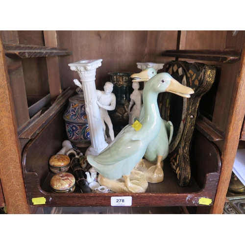 278 - A pair of modern Chinese celadon figures of geese, 24 cm high, a pair of Franklin Mint Romeo and Jul... 