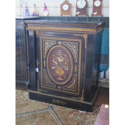 64 - A late 19th century ebonised side cabinet, simulating pietra dura, with gilt metal mounts, the singl... 