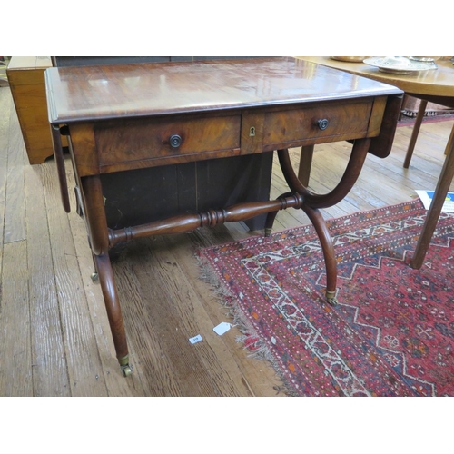 68 - A 19th century continental style sofa table, with two frieze drawers on X-frame supports, joined by ... 