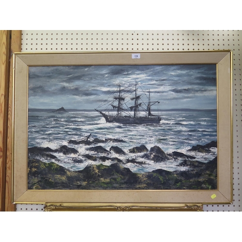 119 - Nigel Hallard
Wrecked ship, Mounts Bay
oil on canvas
signed, inscribed and dated 1971 on the reverse... 