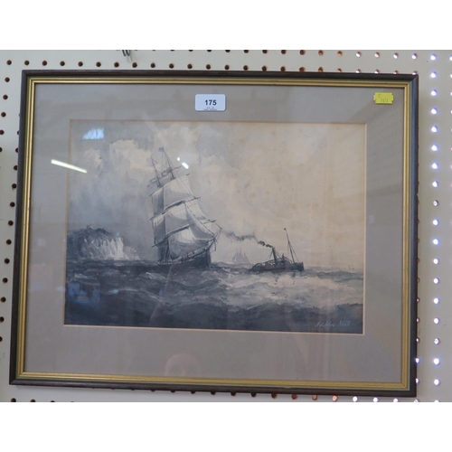 175 - Adolphus Knell
Ship at full sail with tug by white cliffs
monochrome watercolour
signed
26.5 x 37.5 ... 