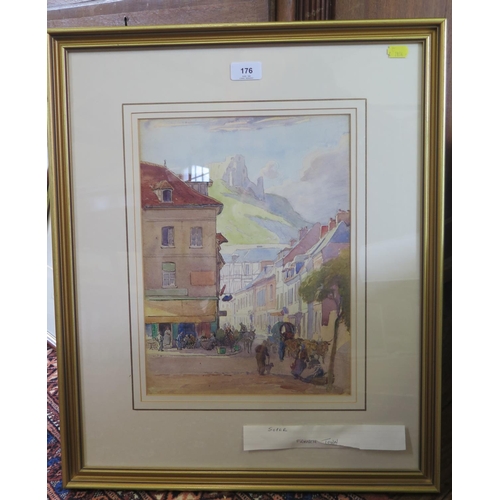 176 - George Soper
French street scene with ruin beyond
pencil and watercolour
stamped on the reverse Geor... 