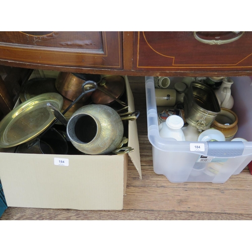 184 - Various copper kitchenwares, including saucepans, other brass wares, stoneware bottles, and a tea se... 