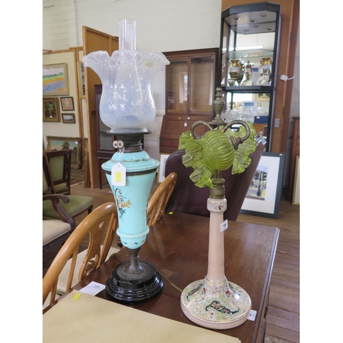 185 - A late 19th century painted glass two light table lamp, the green glass shades over a pink and white... 