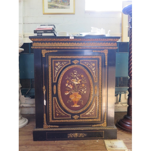 64 - A late 19th century ebonised side cabinet, simulating pietra dura, with gilt metal mounts, the singl... 