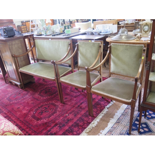 75 - An Edwardian mahogany and satinwood crossbanded two seat settee and two matching chairs, with green ... 