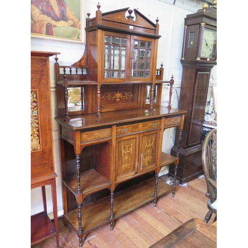 84 - An Edwardian inlaid rosewood side cabinet, the broken triangular pediment over a pair of bevelled gl... 