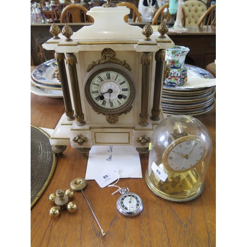 89 - A late Victorian alabaster mantel clock, with French movement striking on a gong, 37 cm high, a bras... 