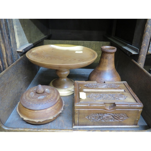 294 - Four various treen items including a cake stand, trinket bowl and puzzle box