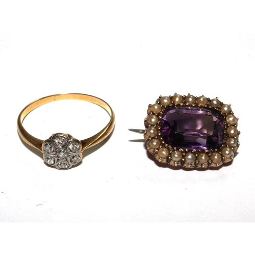 512 - A Georgian pearl and amethyst small brooch together with a diamond posy ring