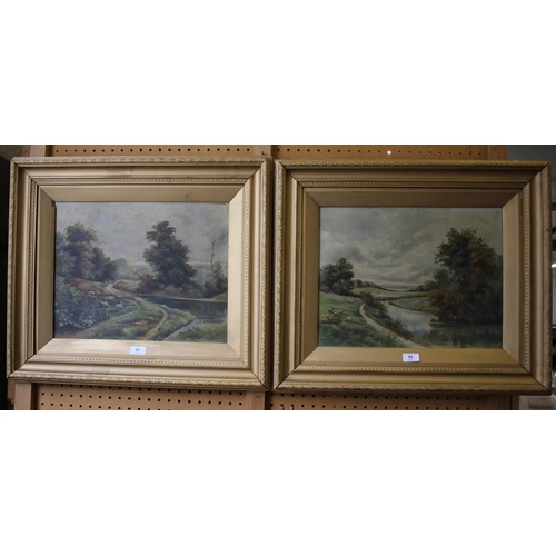 92 - Late 19th century English School
A pair of pastoral landscapes
oil on canvas 
unsigned
34 x 44 cm
an... 