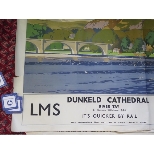 136 - An LMS/LNER railway poster of Dunkeld Cathedral, after Norman Wilkinson, 102 x 127 cm, (some tears t... 