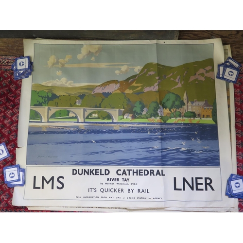 136 - An LMS/LNER railway poster of Dunkeld Cathedral, after Norman Wilkinson, 102 x 127 cm, (some tears t... 