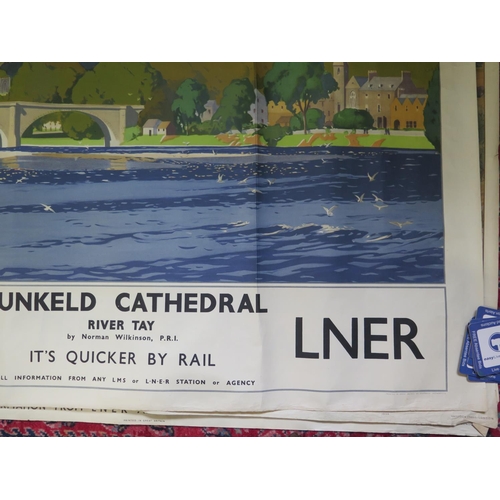 136 - An LMS/LNER railway poster of Dunkeld Cathedral, after Norman Wilkinson, 102 x 127 cm, (some tears t... 