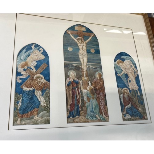 236 - Coloured engraving of three stained glass windows, depicting Jesus on the cross.