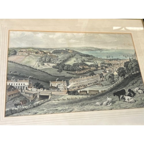 237 - Coloured engraving of a steam locomotive by the town with the coast in the background.