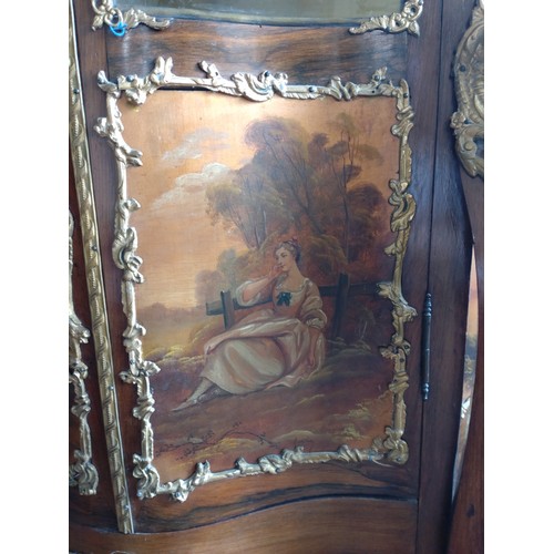 22 - A large French Vitrine with mustard colour interior, painted panels and glass panelled doors. (One g... 