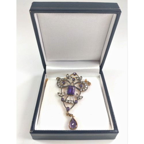 1077 - An ornate 9ct yellow gold and silver vintage style necklace set with amethysts and diamonds, boxed.