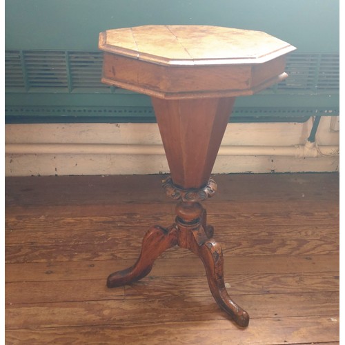 66 - An octagonal sewing table on pedestal to tripod base. 71cm x 43cm x 43cm.