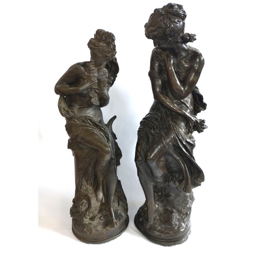 108 - An Auguste Moreau and Belleuse French bronzes. Circa 1890. (cracks and repair to both). 64cm and 60c... 