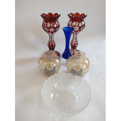 170 - A pair of red overlay Bohemian-style glass lustres 25cm (lacking hanging rods), frosted glass bowl 1... 