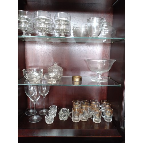 174 - Clear glass tablewares including three wine glasses, four salts, twelve Sundae glasses and other war... 