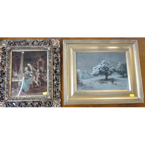 62 - A gilt framed glass plaque picture of a courting couple, together with a gilt framed oil painting of... 