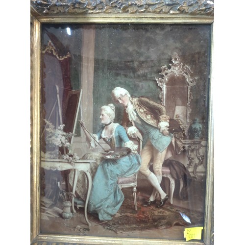 62 - A gilt framed glass plaque picture of a courting couple, together with a gilt framed oil painting of... 