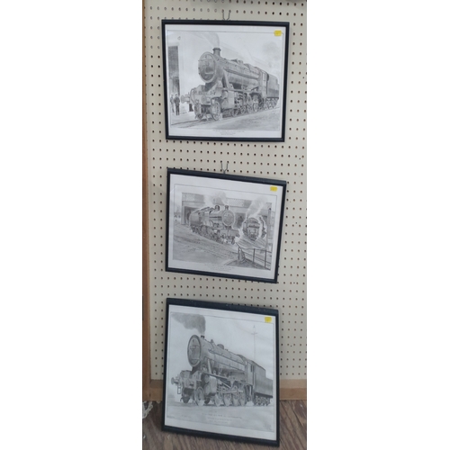 64 - Three black and white railway prints, depicting vintage steam trains, framed and glazed. (3)