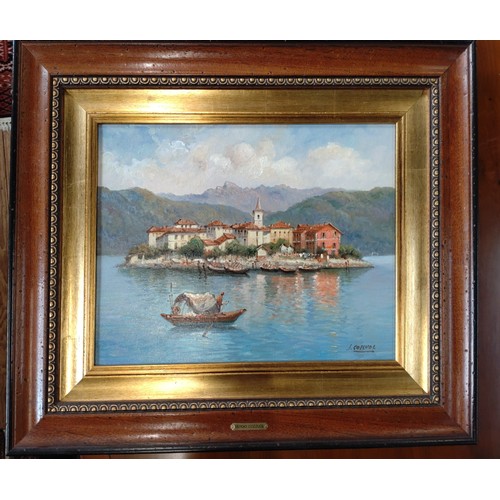 68 - A painting of 'Lake Maggiore' oil on board, signed Sergio Cozzuol, within a gilt frame. 28cm x 39cm,... 