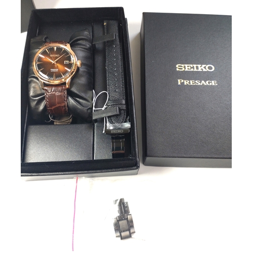 332 - A gentlemen's Seiko Presage cocktail automatic brown dial leather strap (model SRPB46JI) with origin... 