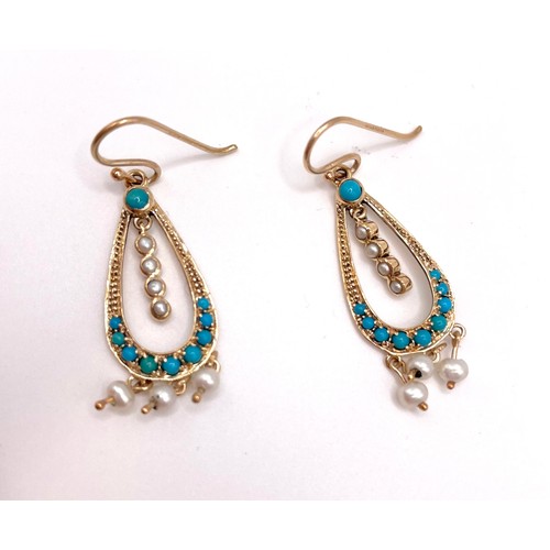 290 - A pair of 9ct yellow gold, pearl, and turquoise drop earrings, in the Victorian style, 4 cm long, 4 ... 