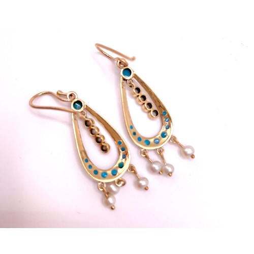 290 - A pair of 9ct yellow gold, pearl, and turquoise drop earrings, in the Victorian style, 4 cm long, 4 ... 