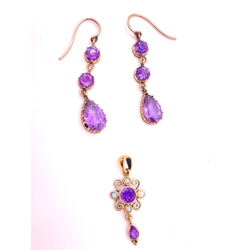 292 - A pair of 9ct yellow gold and amethyst drop earrings, together with a 9ct yellow gold, amethyst, and... 