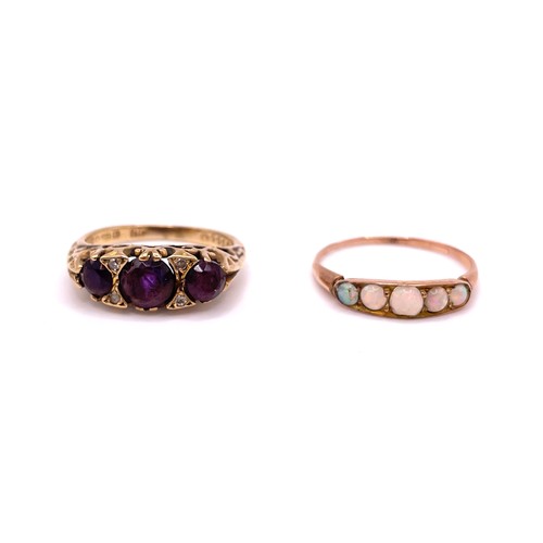 314 - A 9ct yellow gold and amethyst ring, set with three round-cut amethysts size J 1/2, 2.5 grams, toget... 