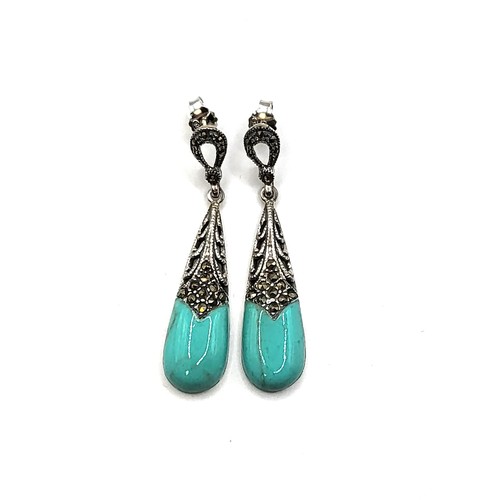 266 - A pair of silver, marcasite and turquoise coloured drop earrings, stem and butterfly backs, 4.6 cm.