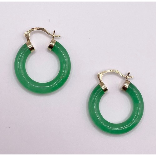 290 - A pair of 14ct yellow gold and jade Creole earrings, the clasps marked 585, earrings hoops approxima... 