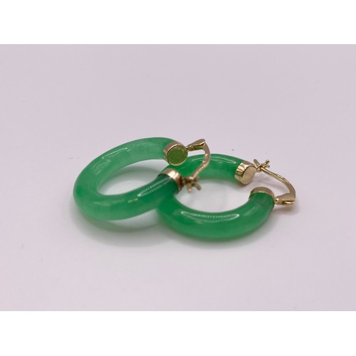 290 - A pair of 14ct yellow gold and jade Creole earrings, the clasps marked 585, earrings hoops approxima... 