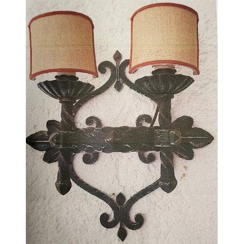 25 - Two medieval style chandeliers (Italian castle style), 65cm drop, 60cm width, together with four mat... 